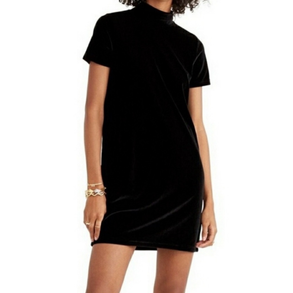 NWOT Madewell Mock Neck Short Sleeve Velvet Mini Dress - Black M